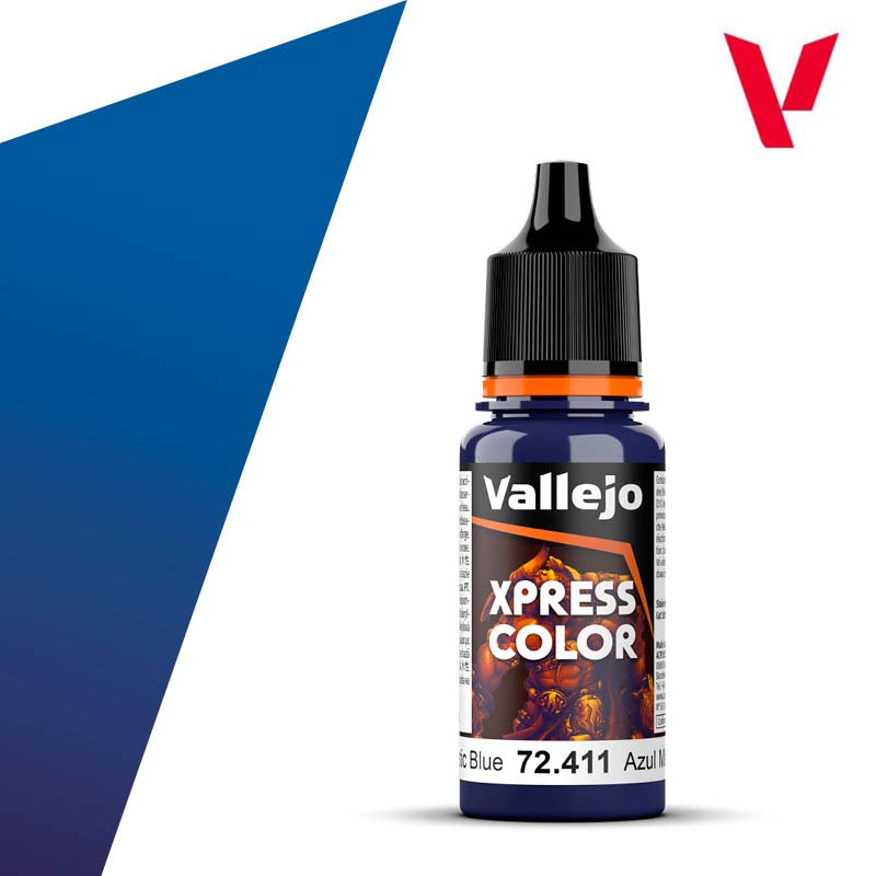 Vallejo Xpress Color Mystic Blue 18ml bottle featuring vibrant blue paint for detailed miniature and model painting.