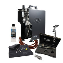H & S Ultra 2024 - Airbrush Kit with Harder & Steenbeck airbrush, Sparmax compressor, cleaner, holder, and tool kit accessories.