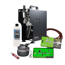 Just the Basics Airbrush Kit with iwata NEO CN airbrush, Sparmax 610H Plus compressor, cleaner, wrench, and spray-out pot.