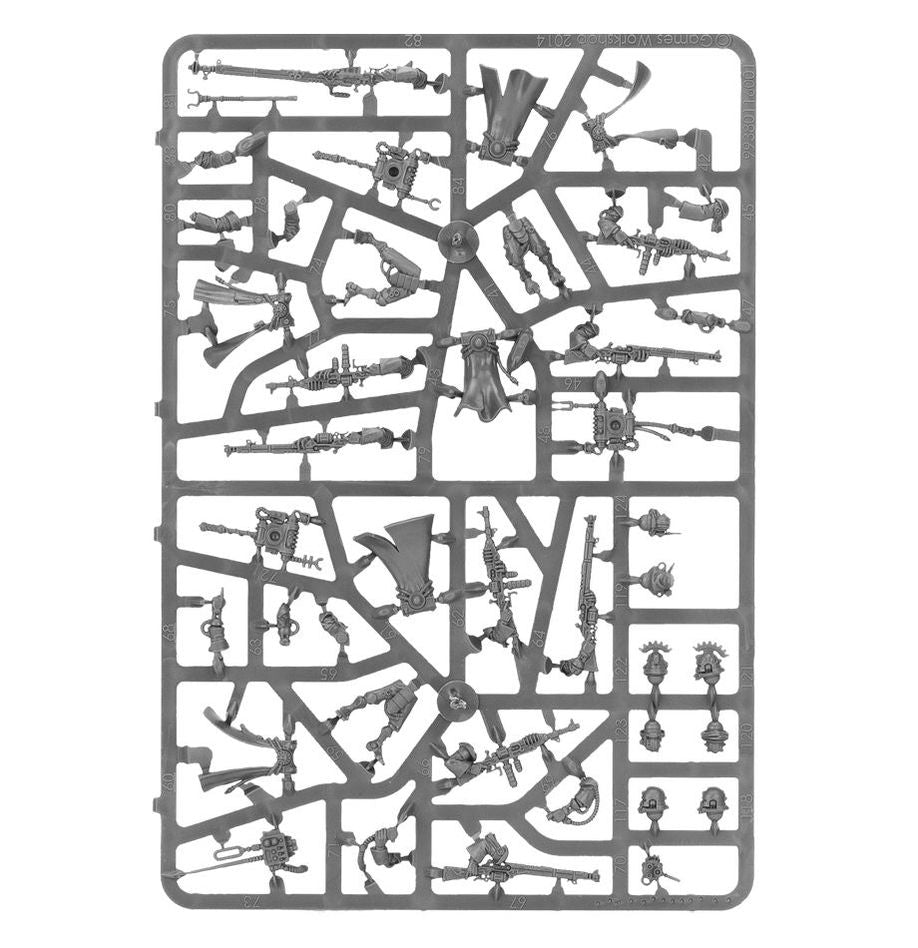 Warhammer 40K Adeptus Mechanicus Skitarii plastic sprue with detailed components for assembling Rangers and weapons.