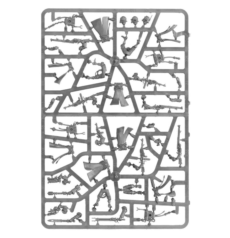 Warhammer 40K Adeptus Mechanicus Skitarii multi-part plastic sprue with weapon and armor components.