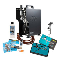 Maple's Pick - Airbrush Kit featuring Iwata Eclipse HP-CS, Sparmax 610H Plus Compressor, cleaner, holder, and cleaning kit.