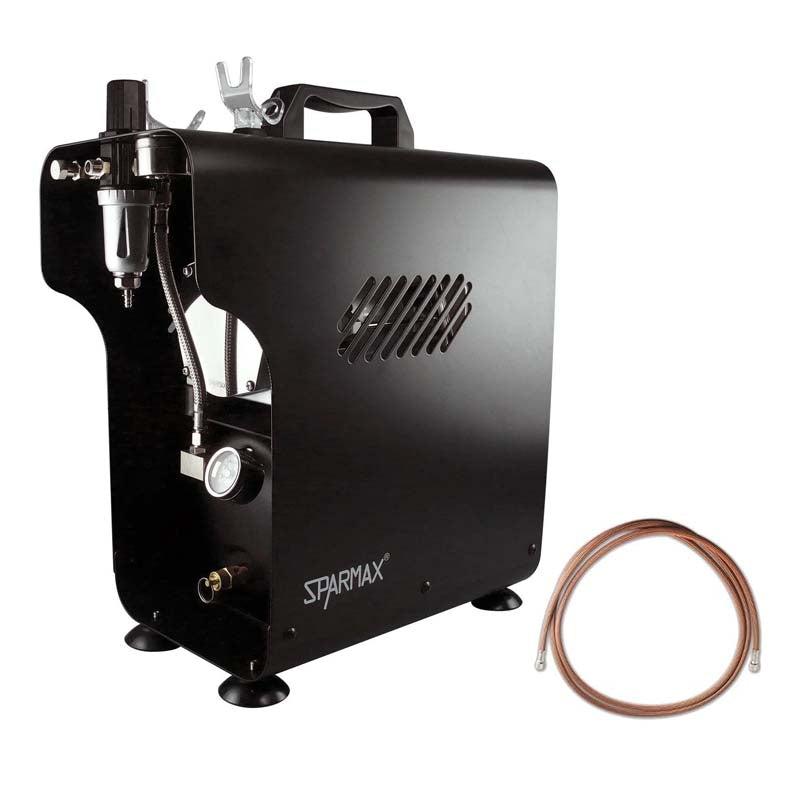 Sparmax Compressor TC620X with 2.5L air tank, regulator, gauge, filter, hose, and dual airbrush outlets in a compact metal housing.