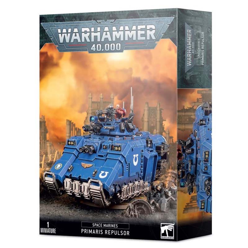 Warhammer 40K Space Marines Primaris Repulsor heavily armed blue armored transport vehicle model kit box.