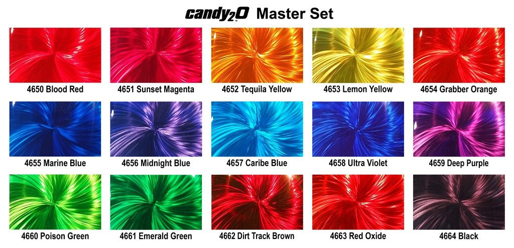 Candy 2o Complete Set featuring 17 vibrant 2oz dye color concentrates plus 3 additives for automotive refinishing.