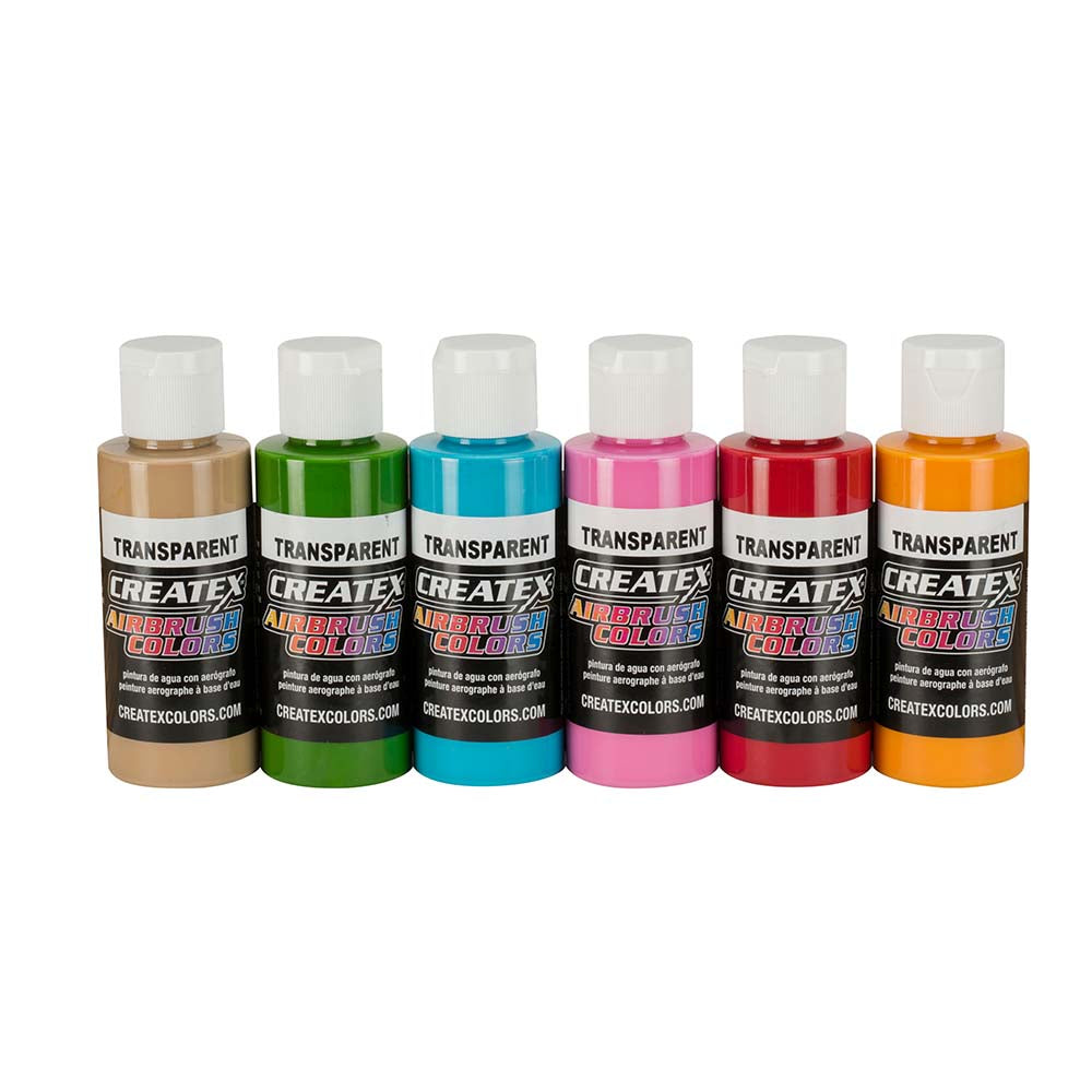 Createx Tropical Set includes six 2oz transparent water-based acrylic paints for vibrant airbrush layering.