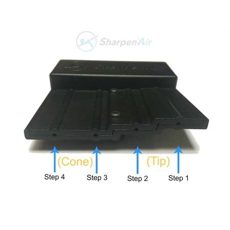 SharpenAir Needle Sharpener with four angled channels for precise airbrush needle repair and sharpening steps.