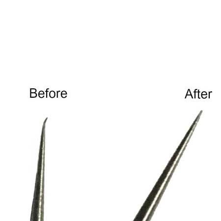 SharpenAir Needle Sharpener showing bent airbrush needle before and after repair with precision sharpening.