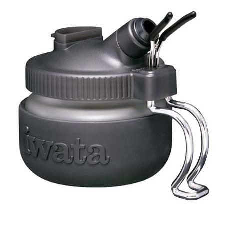 iwata-medea Spray-Out Pot with glass jar, airbrush holder, filter cap, and non-skid sleeve for clean, efficient spraying.