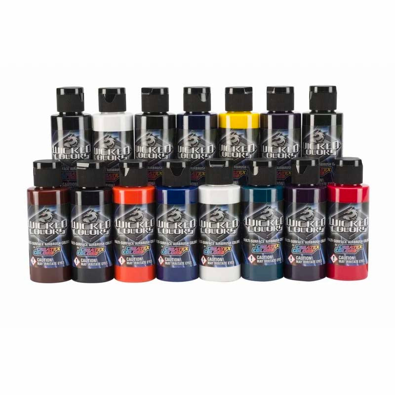 Wicked Detail Pro 15 Color Set includes 2oz multi-surface airbrush paints with 15 vibrant colors and 2 reducers.