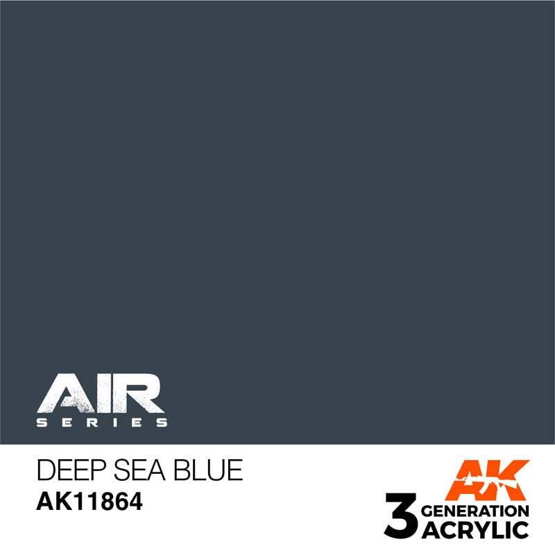 AK Air Deep Sea Blue acrylic paint swatch showing intense, dark blue with long-lasting, quick-drying coverage for models.