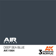 AK Air Deep Sea Blue acrylic paint swatch showing intense, dark blue with long-lasting, quick-drying coverage for models.