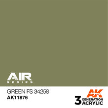 AK Air Green FS 34258 acrylic paint with optimal coverage for brush and airbrush, part of AK Generation 3 series.