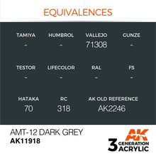 AK Air AMT-12 Dark Grey acrylic paint with equivalents from Vallejo, Hataka, RC, and AK Interactive 3rd generation formula.