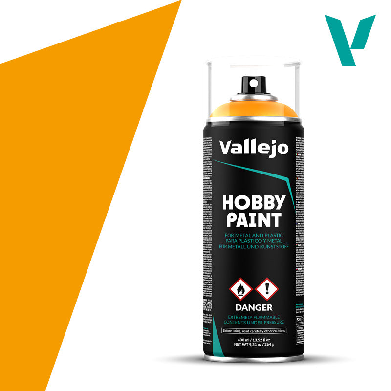 Vallejo Sun Yellow Aerosol Color Primer spray can for metal, plastic, and resin models with durable matte finish.