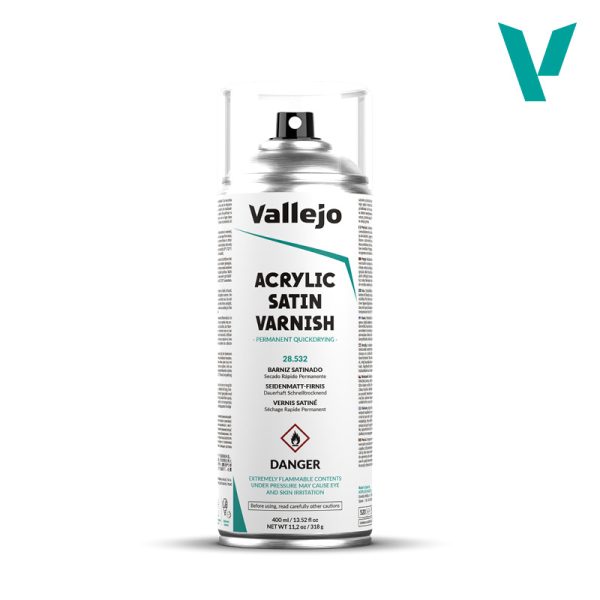Vallejo Satin Varnish Aerosol acrylic satin varnish spray for fast, ozone-friendly, toluene-free protective finish.