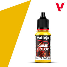 Vallejo Game Color Moon Yellow 72005 18ml bottle with vibrant yellow acrylic paint for miniature painting and modeling.