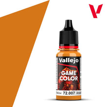 Vallejo Game Color Gold Yellow 72007 18ml bottle with vibrant gold yellow acrylic paint for miniature painting.