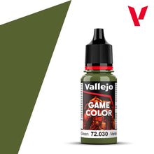 Vallejo Game Color Goblin Green 18ml bottle featuring rich olive green acrylic paint for miniature and model painting.