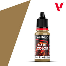 Vallejo Game Color Khaki 72061 18ml bottle with khaki paint swatch for miniature and model painting.