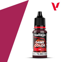 Vallejo Game Ink Magenta 18ml bottle with vibrant magenta pigment for detailed miniature and model painting.