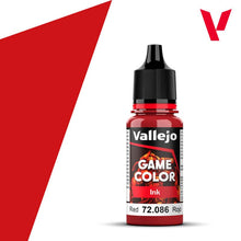 Vallejo Game Ink Red bottle 18ml with bold red pigment for detailed miniature painting and model coloring.