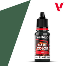 Vallejo Game Ink Black Green 18ml bottle with vibrant green paint for detailed miniature and model painting.