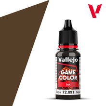 Vallejo Game Ink Sepia 18ml bottle with rich brown sepia pigment for detailed model painting and gaming miniatures.