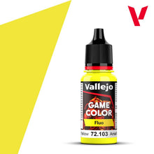 Vallejo Game Color Fluo Yellow fluorescent acrylic paint bottle with bright yellow color for gaming models.
