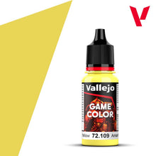 Vallejo Game Color Toxic Yellow 72109 18ml bottle with vibrant yellow acrylic paint for gaming miniatures.