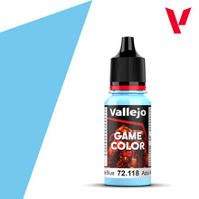 Vallejo Game Color Sunrise Blue 72118 18ml bottle with vibrant light blue paint for miniature and model painting.