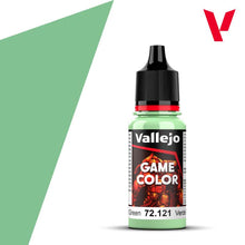 Vallejo Game Color Ghost Green 72121 18ml bottle with vibrant green acrylic paint for miniature and model painting.