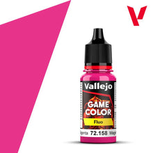 Vallejo Game Color Fluo Magenta 18ml bottle of fluorescent paint for detailed miniature and model painting.