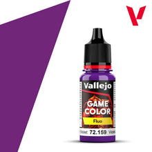 Vallejo Game Color Fluo Violet 18ml bottle with vibrant fluorescent violet paint for miniature modeling.