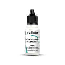 Vallejo Polyurethane Satin Varnish 18ml bottle for protective satin finish on miniatures and artwork without dulling colors.