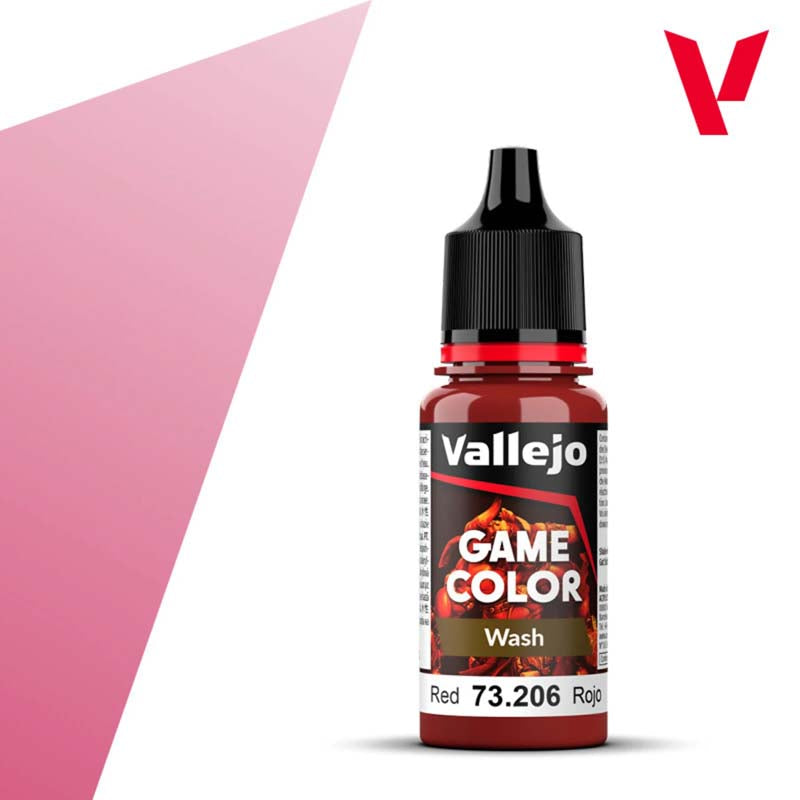 Vallejo Game Wash Red 18ml bottle with detailed label for miniature painting and model detailing.