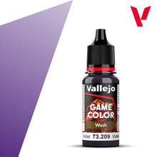 Vallejo Game Wash Violet 18ml bottle with rich violet pigment for detailed miniature painting and shading effects.