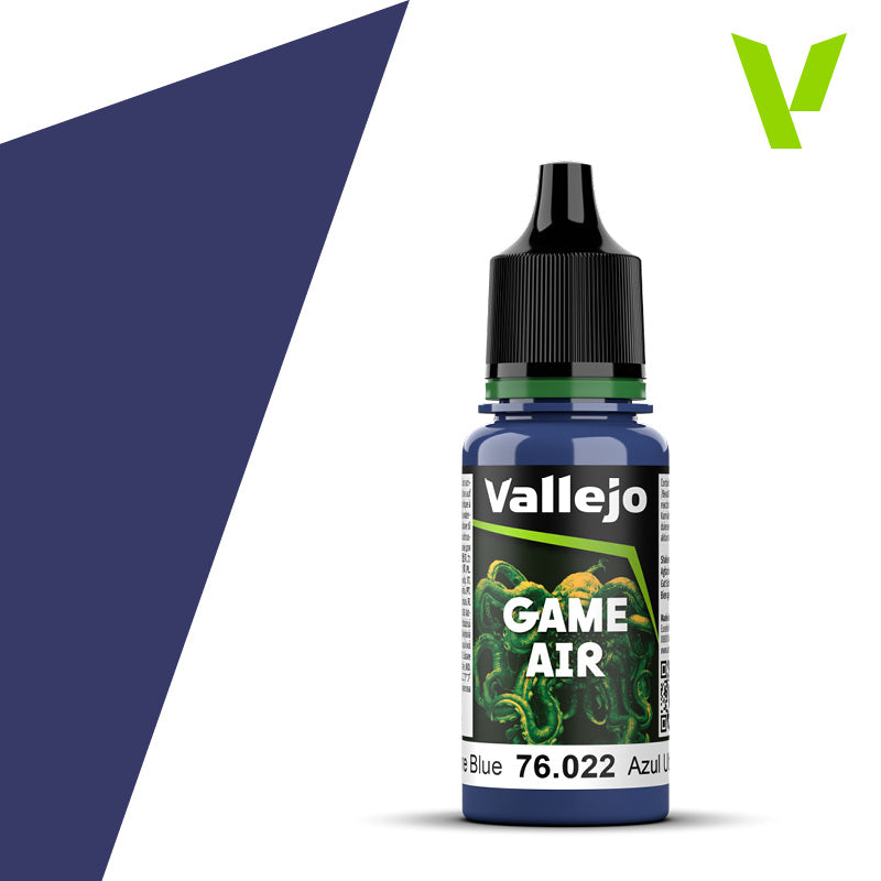Vallejo Game Air Ultramarine Blue acrylic airbrush paint with ultra-fine pigment for models and miniatures.