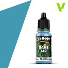 Vallejo Game Air Electric Blue acrylic paint bottle for airbrushing miniatures with fast drying matte finish and excellent adhesion.