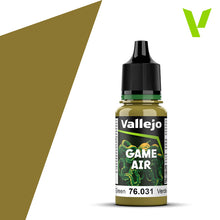 Vallejo Game Air Camouflage Green acrylic paint bottle for airbrushing miniatures with matte finish and high opacity.