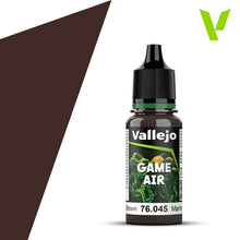 Vallejo Game Air Charred Brown acrylic paint bottle for airbrushing fantasy and wargame models with matte finish.