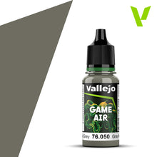 Vallejo Game Air Neutral Grey acrylic airbrush paint bottle with gray color swatch for miniatures and models.