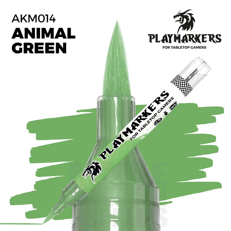 AK Interactive Playmarker Animal Green paint pen shown with brush tip and green paint swatch for miniatures.