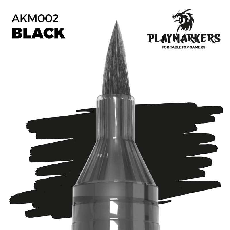 AK Interactive Playmarker Black paint pen with fine brush tip for detailed miniature painting and high adhesion on surfaces.