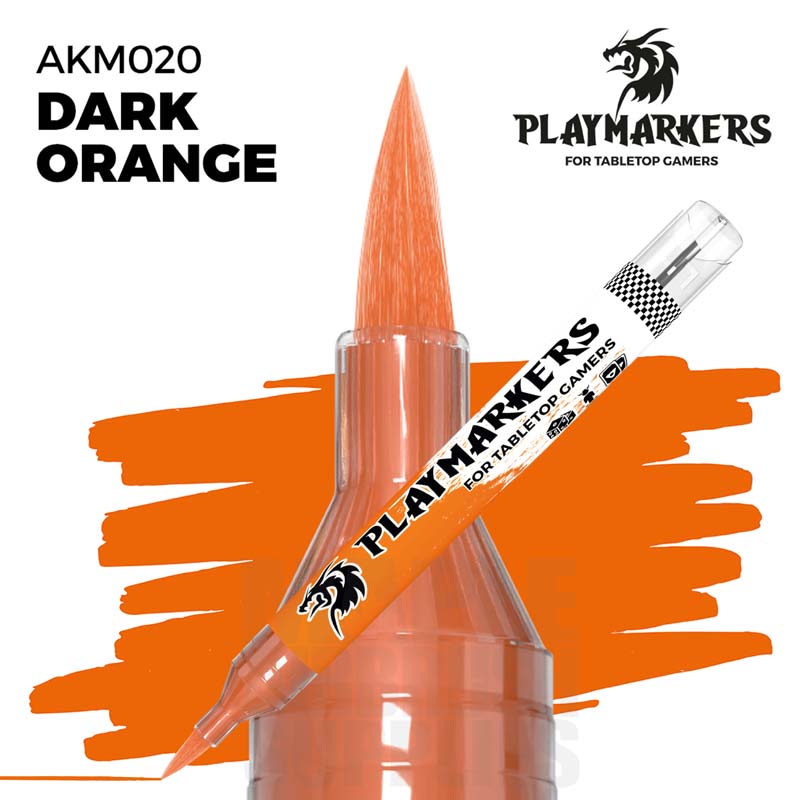 AK Interactive Playmarker Dark Orange paint pen with brush tip and orange paint stroke background.