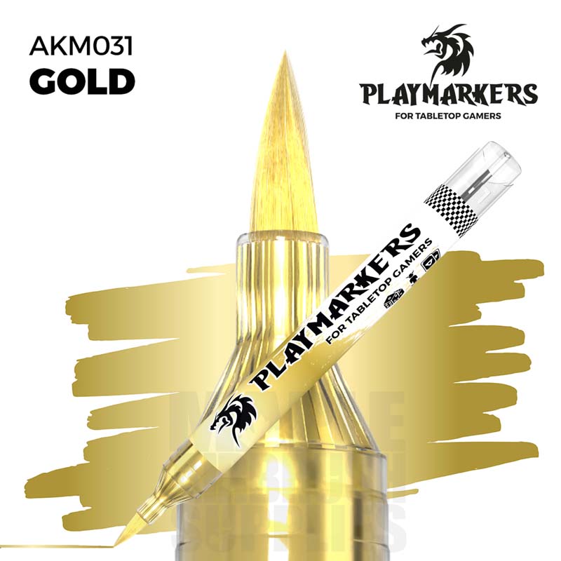 AK Interactive Playmarker Gold paint pen with brush tip for vibrant miniature painting and high adhesion.