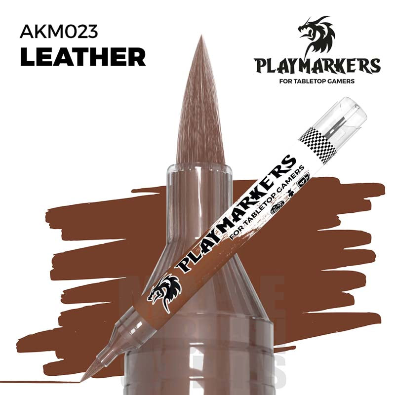 AK Interactive Playmarker Leather paint pen with brush tip and brown paint swatch for tabletop gamers.