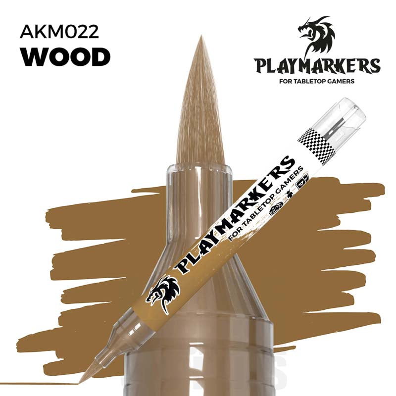 AK Interactive Playmarker Wood paint pen with brush tip, wood color swatch, ideal for tabletop gaming miniatures.