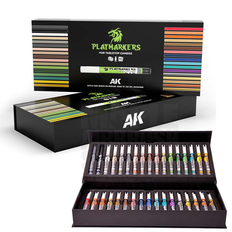 AK Interactive Playmarkers Complete Set - 34 Markers displayed in a black box with vibrant colors.