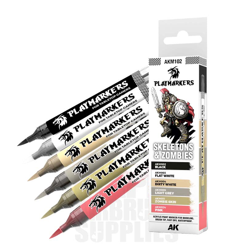 AK Interactive Playmarkers Set - Skeletons & Zombies paint pens with six colors for miniatures and tabletop games.